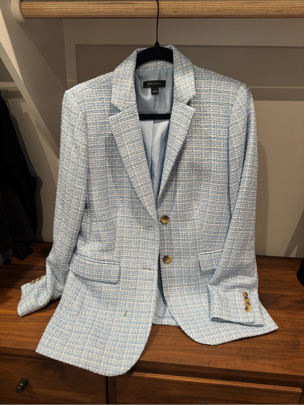 Ann Taylor Light Blue Tweed Blazer with Gold Buttons